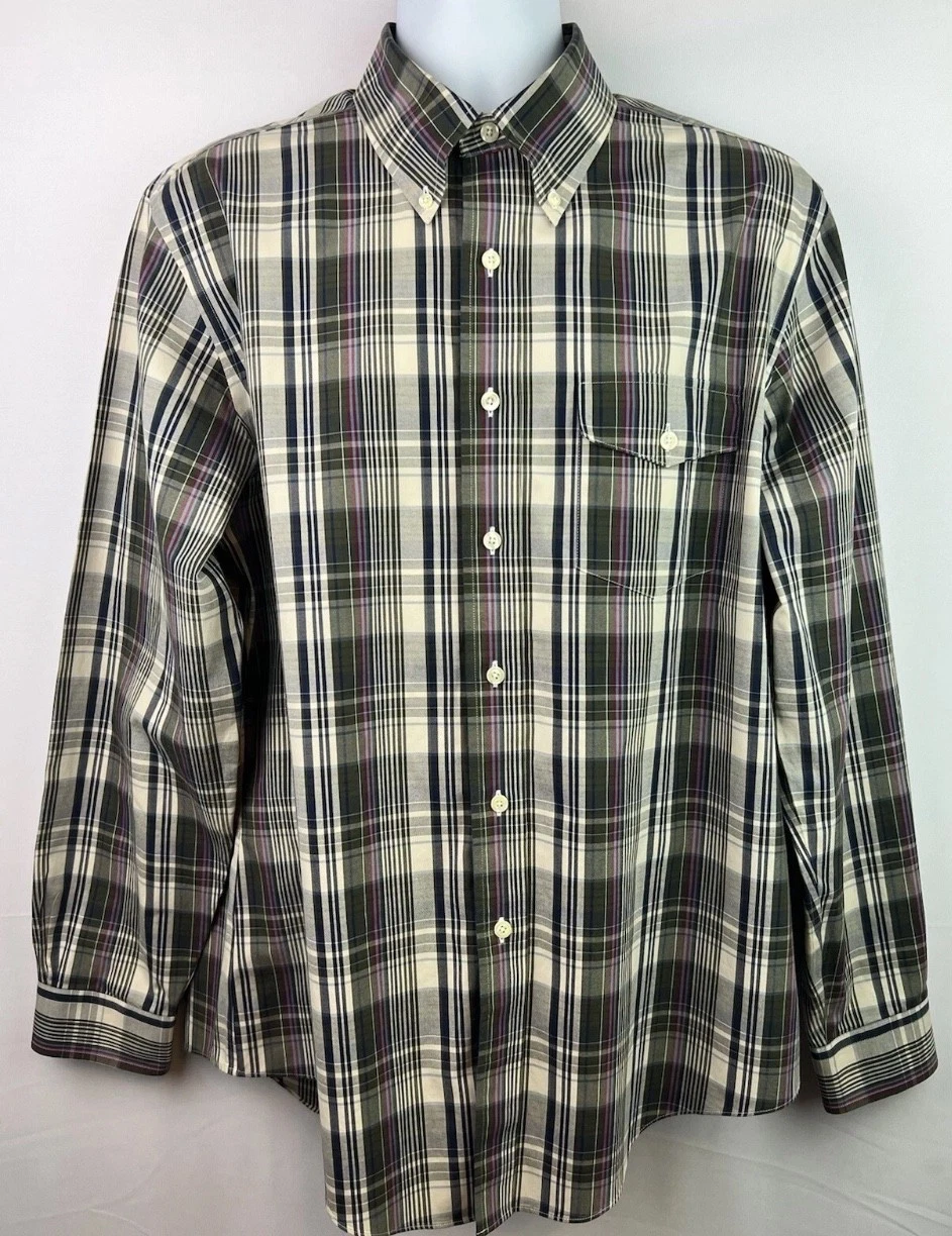 Brooks Brothers Men's 346 Slim Fit Army Green Purple Plaid Button Down Shirt L