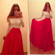 Off the Shoulder Prom Dress Long Sleeve Floor Length Lace Chiffon Evening Gowns