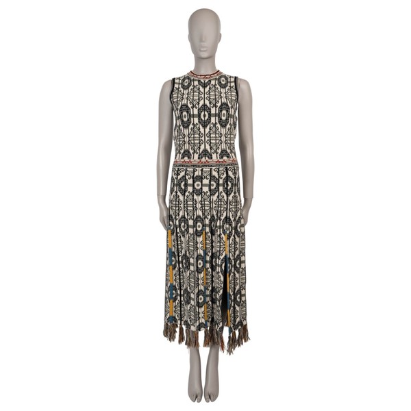 70992 Auth ETRO Cream Wool 2021 GEOMETRIC SIDE SLIT KNIT MIDI Dress 42 M