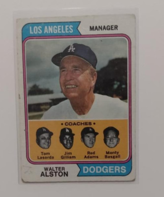 1974 Topps - Tommy Lasorda, Walter Alston, Jim Gilliam #144, Surface Creases