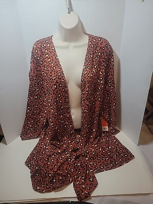 EVRI Plus Size Rust Orange Leopard Print Flowy Open Long Kimono Cardigan 1X NWT