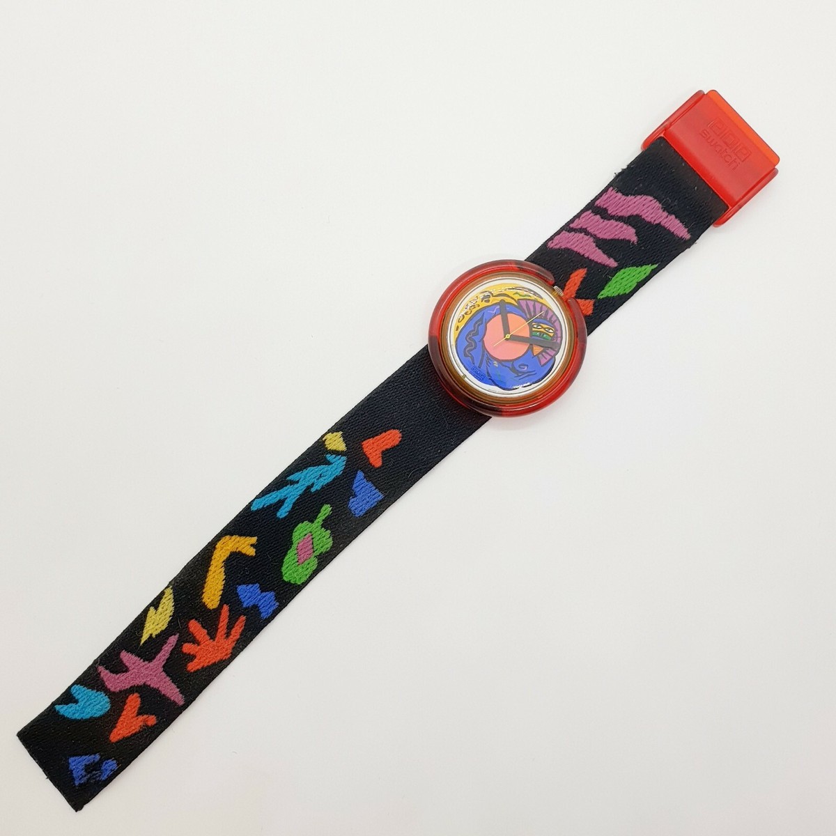 1990s Tribal Colorful Swatch Pop Watch, Red Case and Strap 