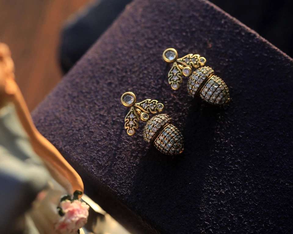 Earrings Studs Antique Gold Acorn Tassel Set with White CZ SC1 - Image 4 of 4