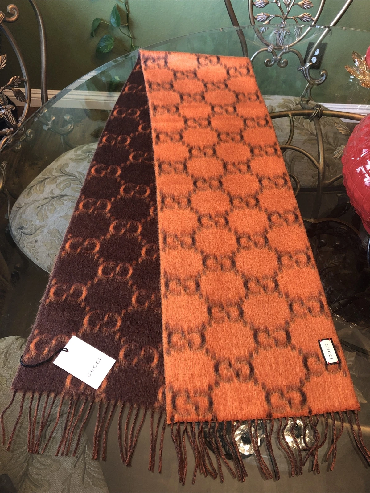 Foulard 100% authentique GUCCI mandarine et marron laine alpaga grand GG rock monogramme