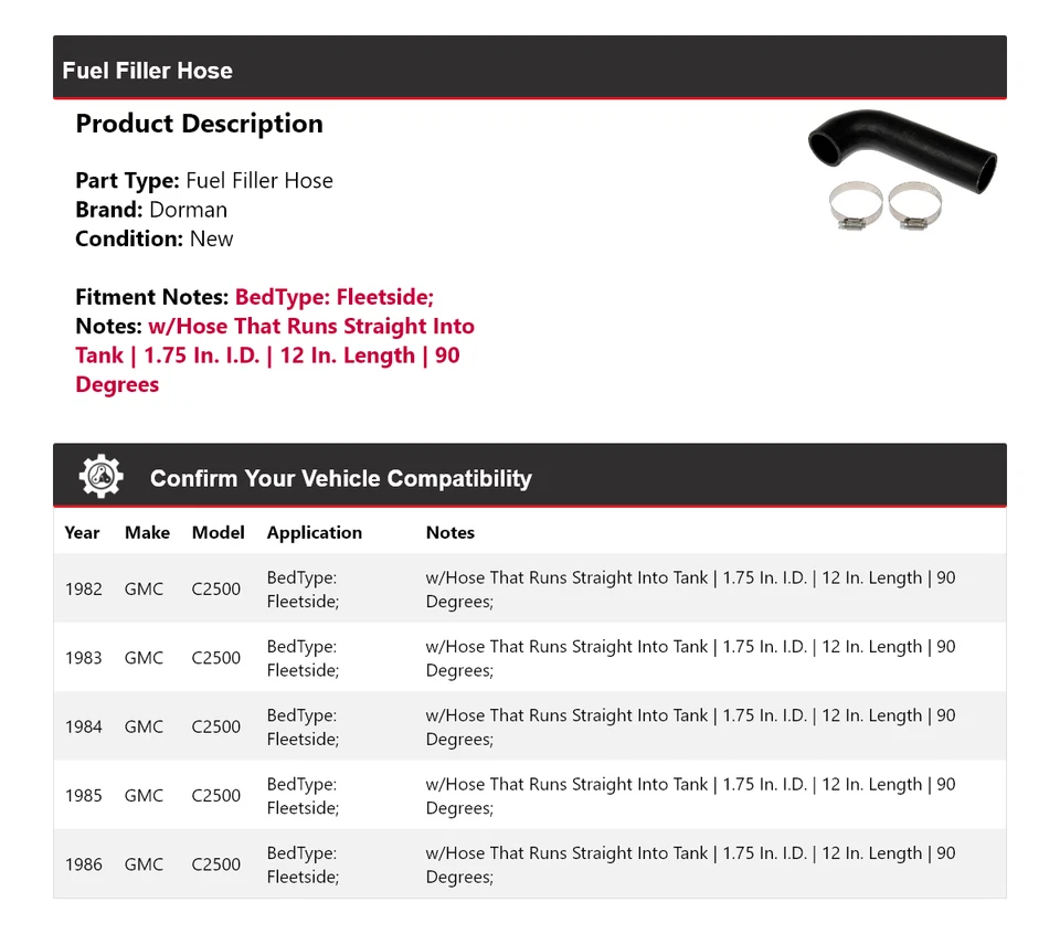 Manguera de llenado de combustible Dorman GMC C2500 1982-1986 1983 1984 1985 Foto 2 de 4