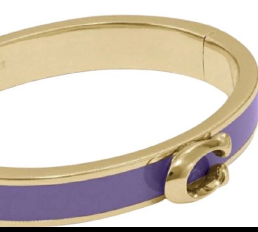 NWT COACH Signature Push Hinged Bangle Bracelet Gold/Light Purple Small Wrist