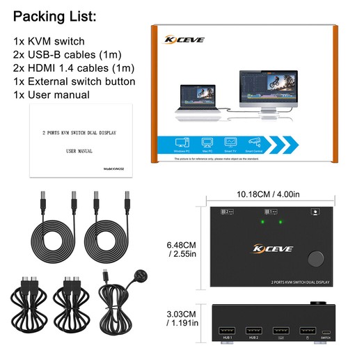 2 In 2 Out HDMI KVM Switch 2 Port USB Dual Monitor for 2 Computer Control Switch - Bild 12 von 14