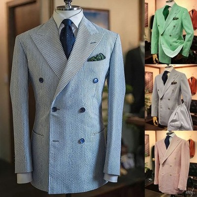 Seersucker Men Hunting Suits Striped Slim Fit Summer Wear Beach Jackets Striped