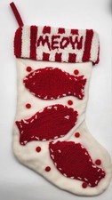 CAT CHRISTMAS STOCKING 15" Red White Meow Fish Raised 3D knitted