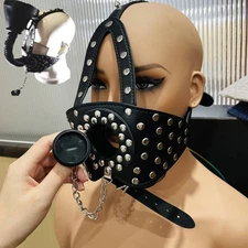 Restraint PU Leather Mouth Gag with Funnel Oral Plug Head Harness Mask Bondage