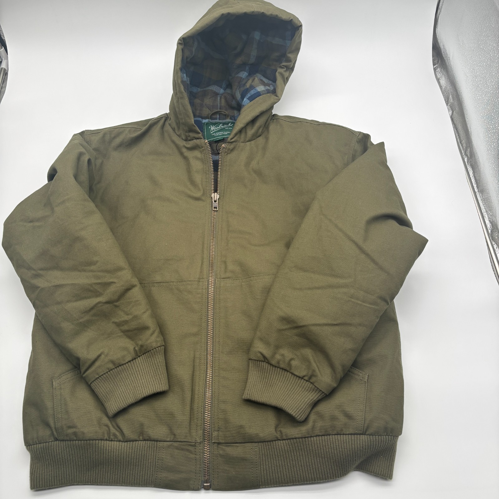 Woolrich Hooded Canvas Bomber Jacket Olive Green M Flannel Lined Cotton Coat-NWT