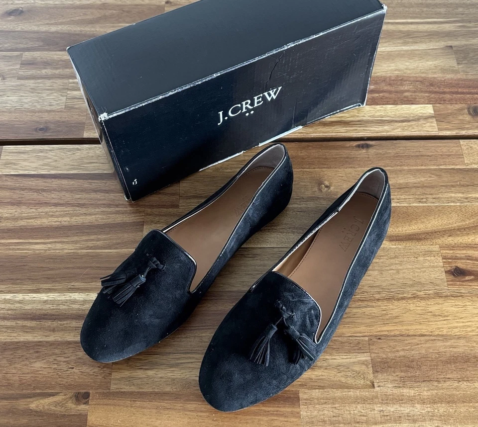 Mocasines J Crew negros borla plana para mujer talla 10 dinero antiguo preppy oficina viaje Foto 2 de 4