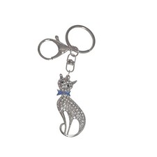 Rhinestone Cat Keychain Purse Charm, Cute Kitty Keyring, Blue Bow Gift, Silver