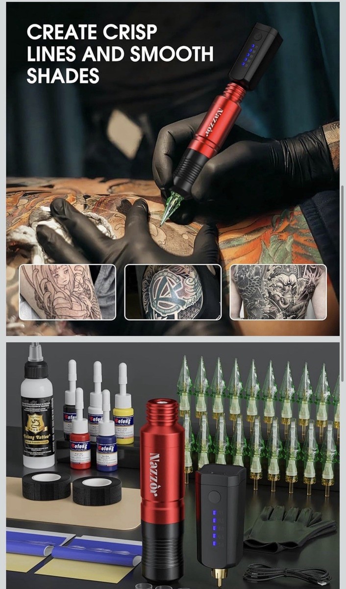 NEW Nazzor Wireless Rotary Tattoo Machine Pen Starter Kit - Red