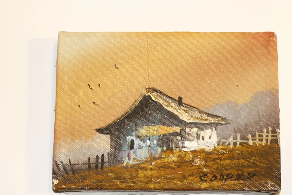 Mini pintura de paisaje original firmada Cooper - casa de campo rústica al atardecer, 5x7 Foto 2 de 4