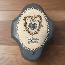 VTG Wooden Embroidered Cross Stitch Welcome Friends Oval Framed Heart Blue 8.5  