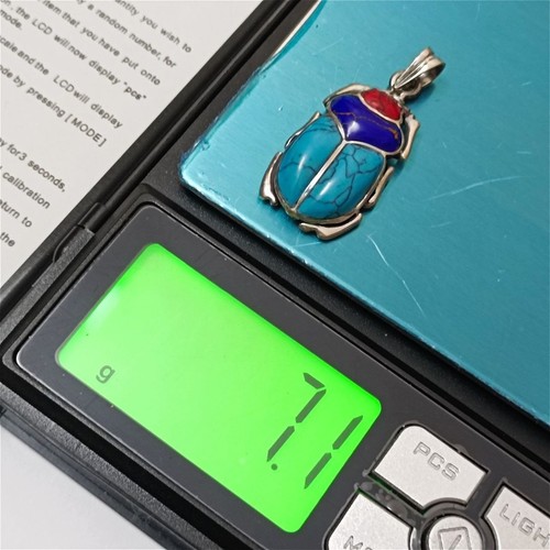 925 Silver Scarab Pendant with Turquoise, Lapis & Coral – Handmade Jewelry - Picture 5 of 8