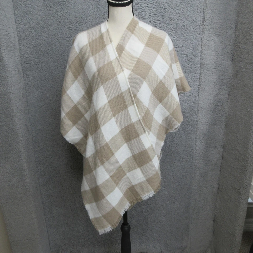 LOFT Buffalo Plaid Ruana Wrap Poncho Women XS/S Beige White Fringe Cozycore Fall - Image 1 of 4