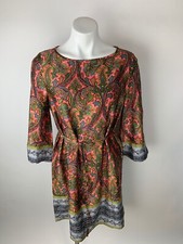 Ann Taylor Loft Paisley Mirror Image Border Hem Silky Shift Dress Tie Waist M