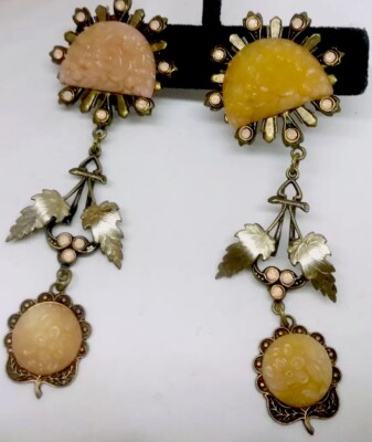 Alcozer And J Carved stone  clip on earrings Rare