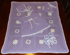 CROCHET BABY GIFT SET DRESS, AFGHAN, BONNET, BOOTIES, DIAPER COVER LILAC 0-3 MT