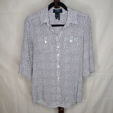 FDJ women's size 4 tunic purple & white stripe collar button up 3/4 sleeves