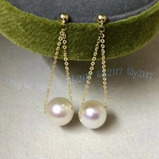 Fashion AAA+ Real Natural 10-11mm White South Sea Round Pearl Earrings 14K Gold