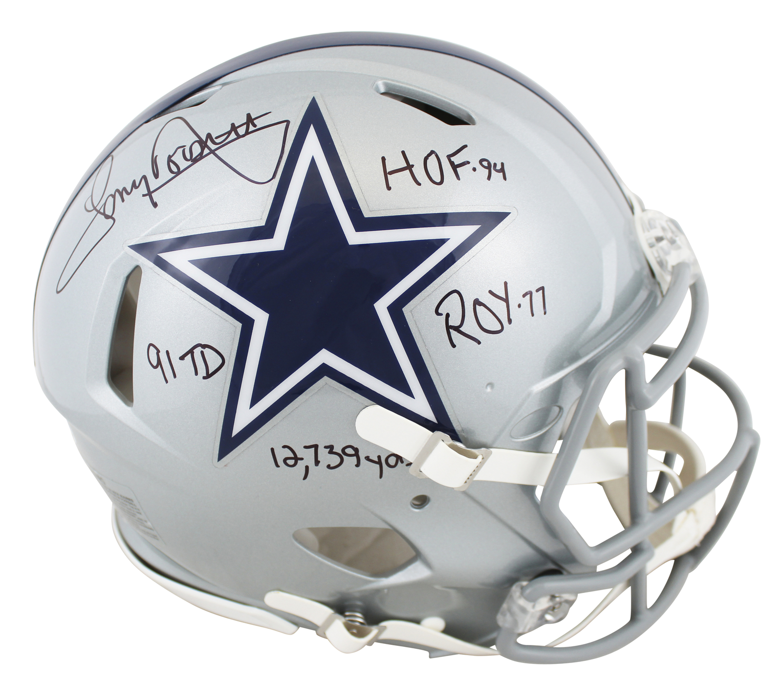 Tony Dorsett Autographed Signed Cowboys "4X Stat" Silver Full Size Speed Proline Helmet Beckett 