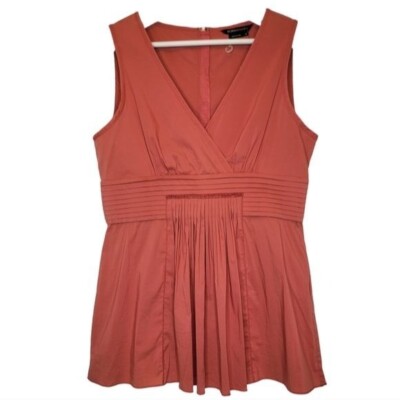 BCBGMAXAZRIA Woven Top Cotton Pleated VNeck Sleeveless Orange Exposed Zip Medium