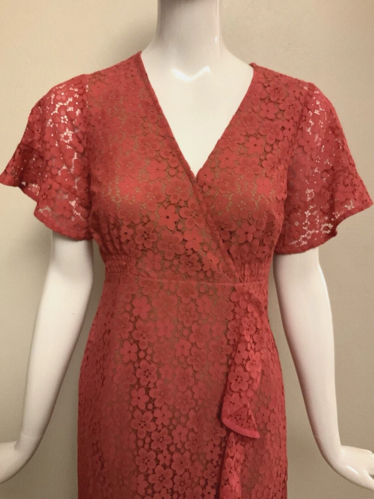 Abito Michael Kors manica corta scollo a spillo pizzo geranio linea A taglia XS nuovo con etichette