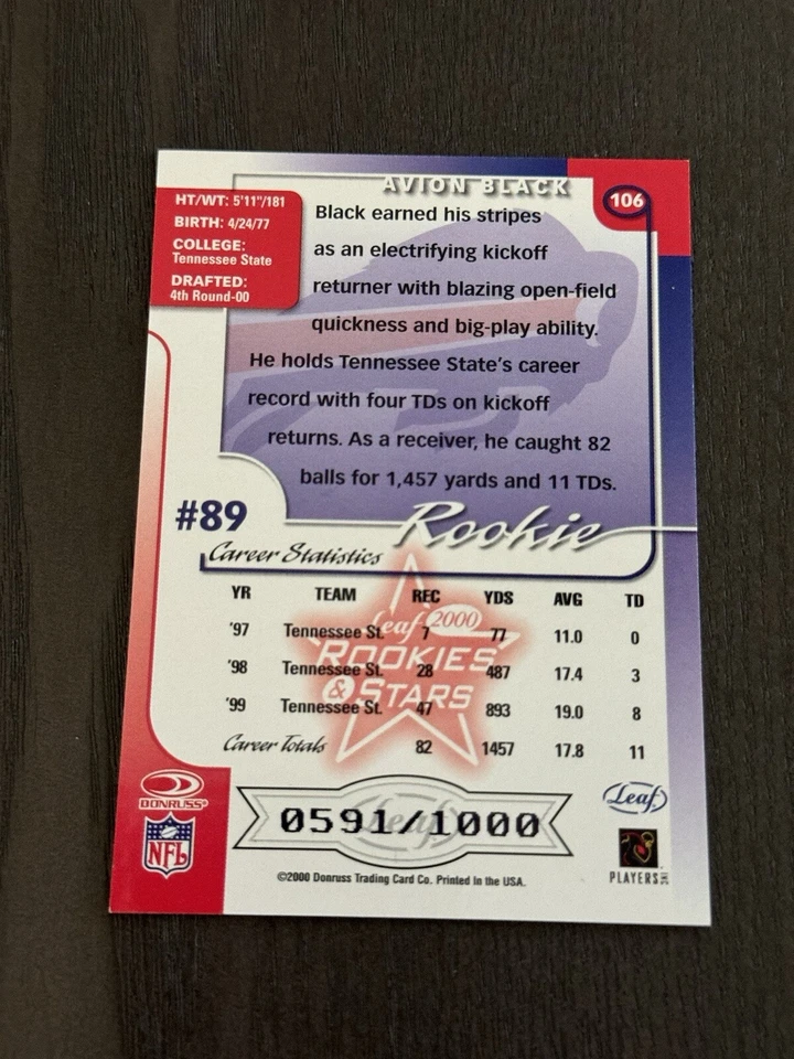 2000 Leaf Rookies & Stars /1000 #106 AVION BLACK Buffalo Bills ROOKIE Card RC - Image 2 of 2