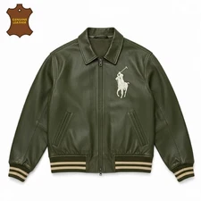 Polo Varsity Bomber Jacket: Genuine Cowhide Leather Olive Green| RL