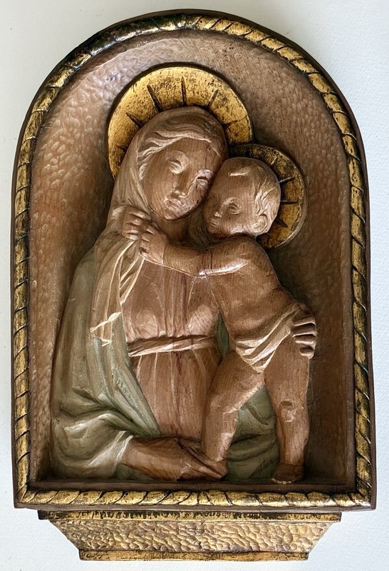Antique Vintage Wood Hand Carved Madonna Child Mary Jesus Wall Plaque Italy