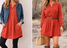 Free People X CP SHADES YOKO TUNIC Mini Dress Redwood Brown L Boho Festival