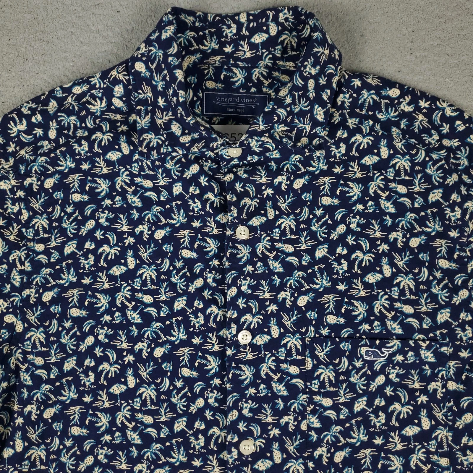 Vineyard Vines Shirt Mens Small Blue Palm Tree Print Button Up Short Sleeve