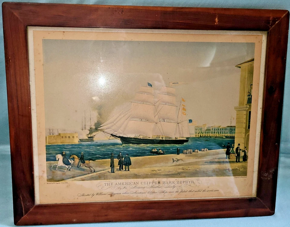 Antique colored print after William Bygrave, American Clipper Bark Zephyr Italy