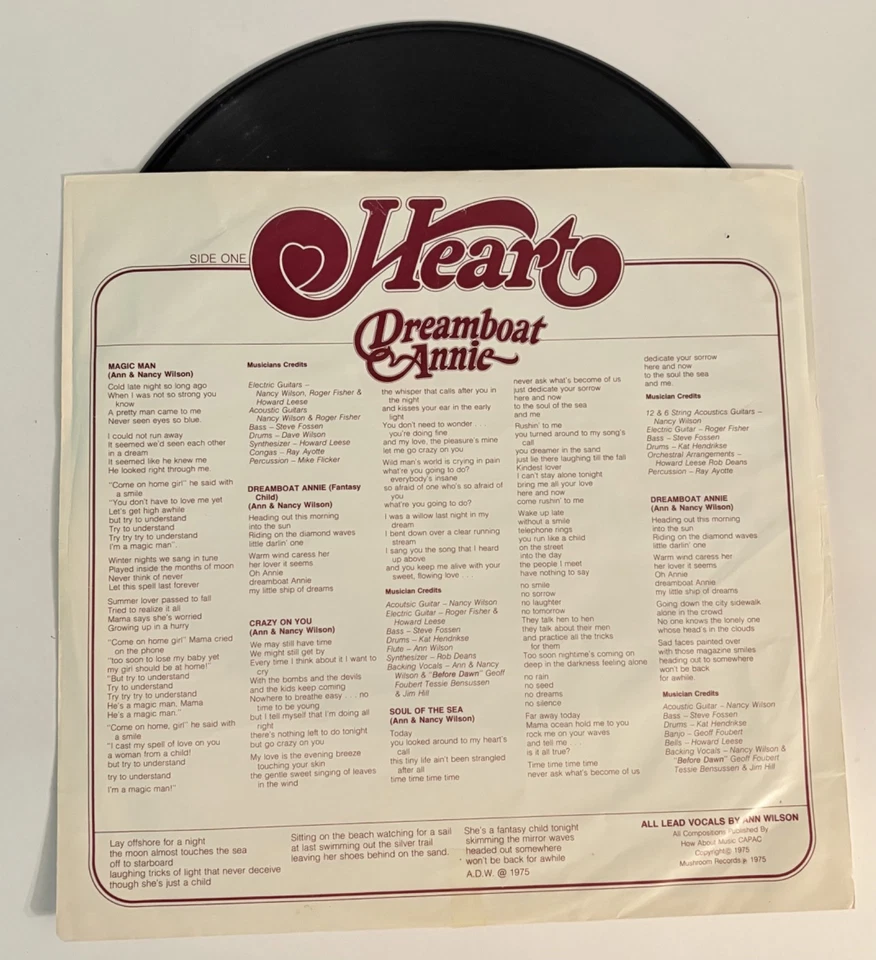 Heart Dreamboat Annie виниловая пластинка гриб 1975 поп-рок Magic Man Crazy On You GF - Изображение 4 из 4