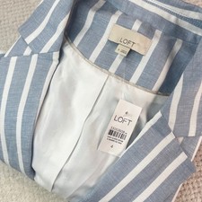 LOFT Striped Linen Blend Blazer Blue White Single Button Jacket Size 4 NWT