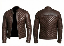 BROWN Men's Quilted Leather Jacket Biker Stylish Real Lambskin Leather Jacket