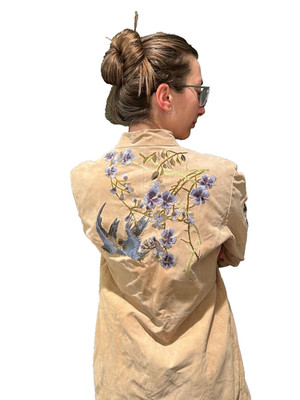 Vintage bagatelle long nubuck leather jacket with embroidery, tan camel