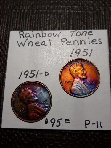 Rainbow Toned  Colors  2 - Wheat Penny   1951 -D  / 1951    P-11