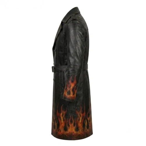 Men's Black HandForged Leather Trench Coat Gothic Flame Print Long Biker Duster image 4