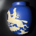 1920s Weller Chase Art Pottery Fox Hunt Equestrian Scenic Blue Vase