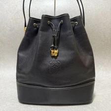 LOEWE Anagram Drawstring Shoulder Bag Vintage Leather Black Womens