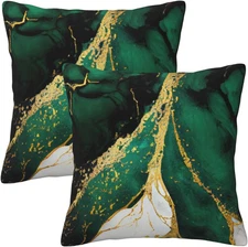 Emerald Green and Gold Throw Pillow Cover 18x18 in Set of 2 Marble Cushion Moder