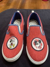 New Disney Mickey Mouse Sneakers Red Denim Canvas Slip On Shoes Youth Size 2