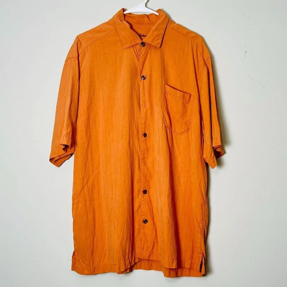 Tommy Bahama Camp Shirt Men's Large Orange Button Up 100% Silk Fall Dad Barn