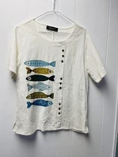 Gracila M Blouse Nautical Fish Florida Tropical Artsy Boxy Gauzy Tropical Beach