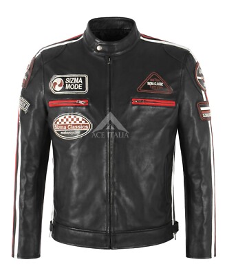 SIZMA Herren Echt Leder Jacke Schwarz Klassisch Vintage Retro Motorrad Style