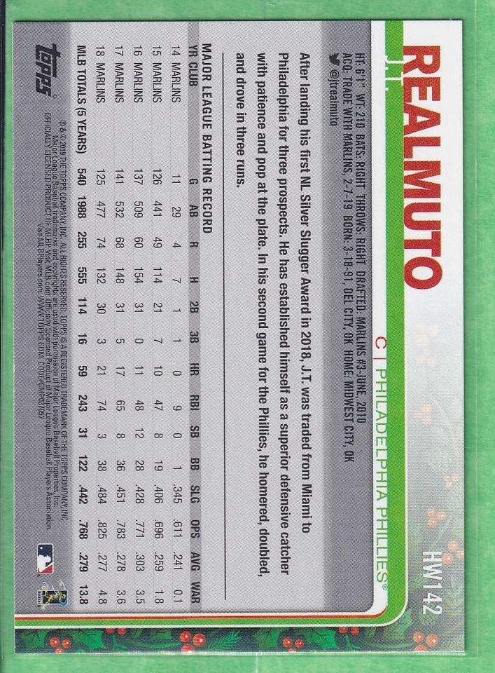 2019 Topps Holiday Walmart Mega Box #HW142 J.T. Realmuto Philadelphia Phillies - Image 2 of 2